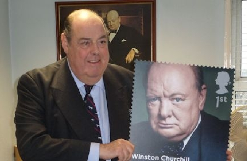 Lord Soames with the 2014 Churchill Royal Mail Stamp