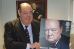 Lord Soames with the 2014 Churchill Royal Mail Stamp